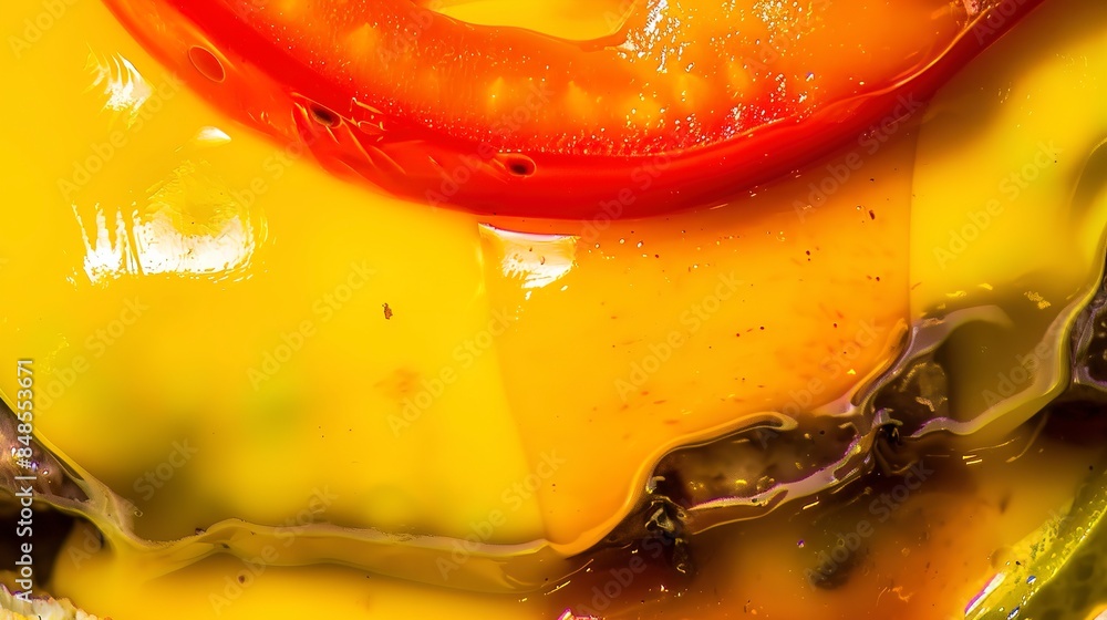 Poster Close-up of a fast food cheeseburger, juicy patty, melting cheese, no humans, vibrant condiments, soft bun texture 