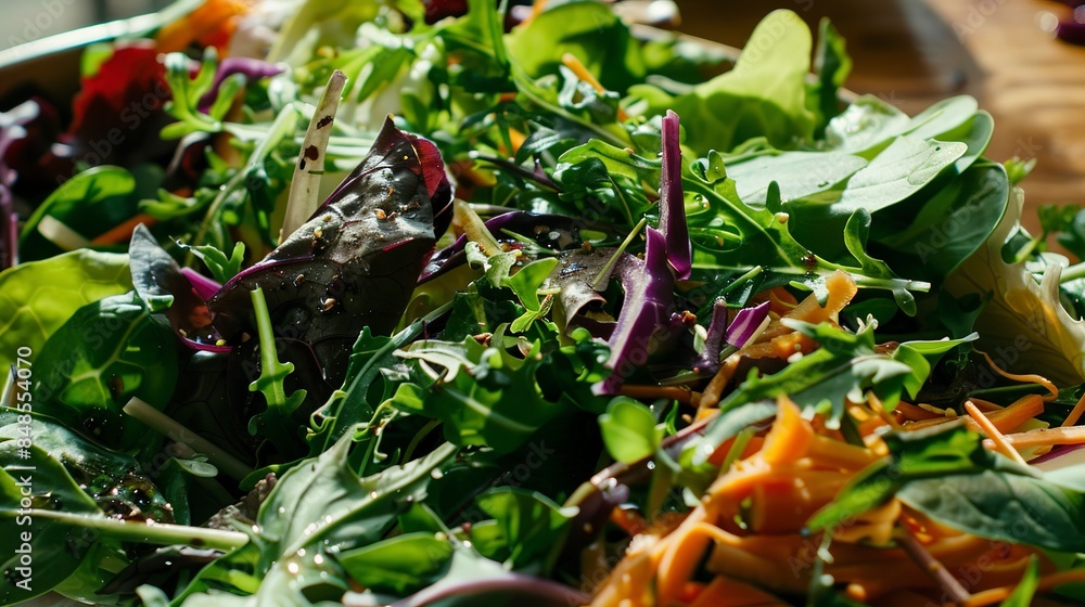 Canvas Prints Detailed close-up of a freshly tossed salad bowl, various greens and veggies, no humans, vibrant family meal 