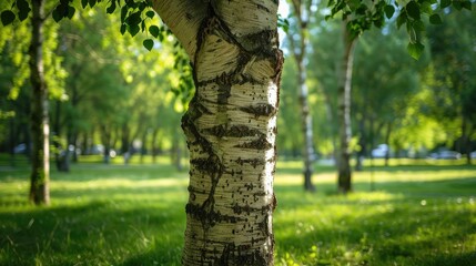 Obraz premium Birch tree trunk positioned at the center of a park s frame