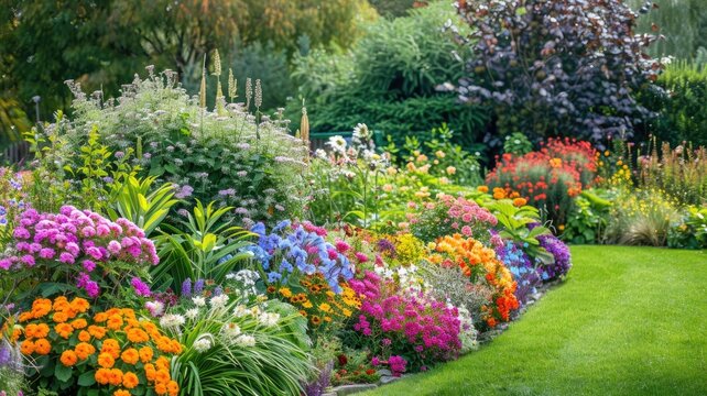 Lush garden with vibrant, diverse flowers and greenery