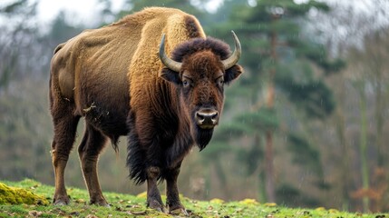 Large male European bison also referred to as wisent or European wood bison in their natural habitat