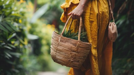 Woman in yellow dress holding wicker bag, walking lush greenery