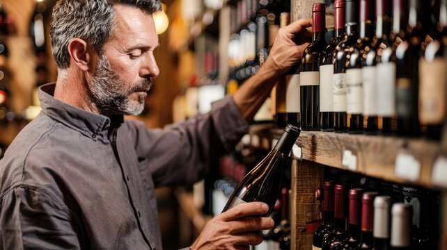 Middle-aged man selecting wine bottle from shelves in store