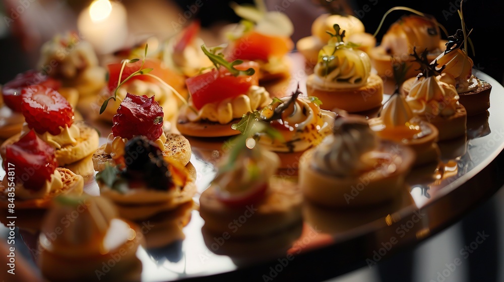 Poster Close-up of a platter of delicate canapÃ©s, luxurious toppings, no humans, business reception, soft ambient lighting