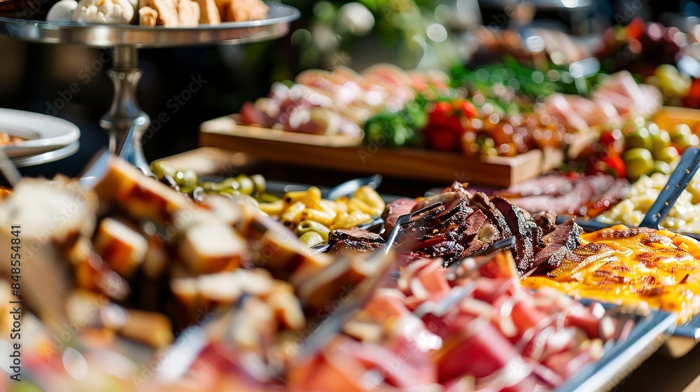 Sticker Close-up of a hearty business brunch platter, smoked meats and cheeses, no humans, upscale buffet setting