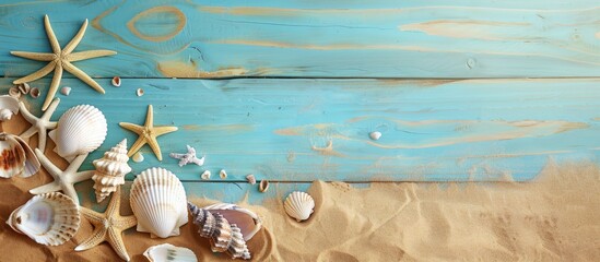 Arrangement of seashells and starfish on sandy border against vintage teal blue wooden backdrop, accompanied by empty wooden beach sign for adding text.