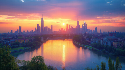 Obraz premium Milan, Italy city skyline created with Generative AI technology