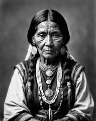 Fototapeta premium Portrait of an elder native american woman from late 1800s - Generative AI