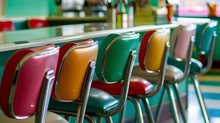 Fototapeta premium Close-up of an empty ice cream parlor, colorful chairs and counters, no humans, cheerful yet silent 