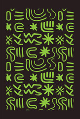 Pattern of abstract black shapes wavy lines, zigzags, circles, and asterisks