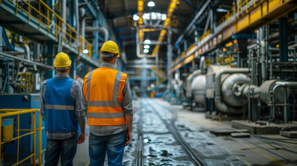 Two factory workers wearing high-visibility vests and helmets, walking through a large industrial facility with complex machinery.