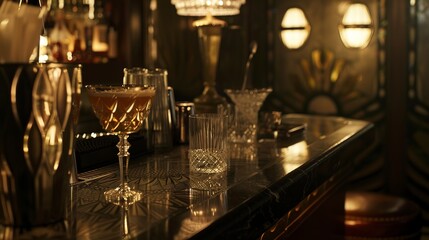 Close-up of a 1920s speakeasy bar counter with classic cocktails, crystal glasses, and Art Deco patterns, moody lighting 