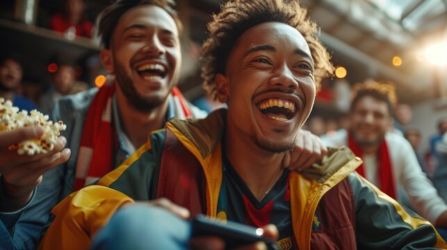 Football frenzy: fans enjoying a football match on the tv at home, show the camaraderie of sports enthusiasts bonding over live matches, beers, and popcorn.