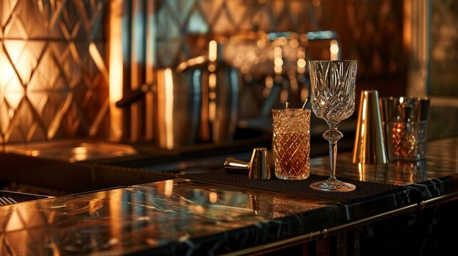 Close-up of a 1920s speakeasy bar counter with classic cocktails, crystal glasses, and Art Deco patterns, moody lighting 