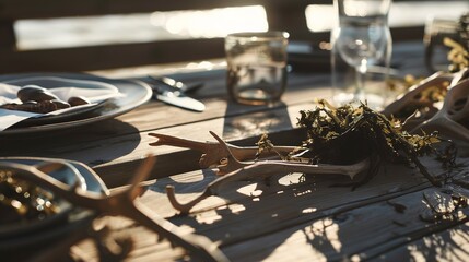 Close-up of a seaweed-based table with kelp salad, biodegradable plates, and driftwood decor,...