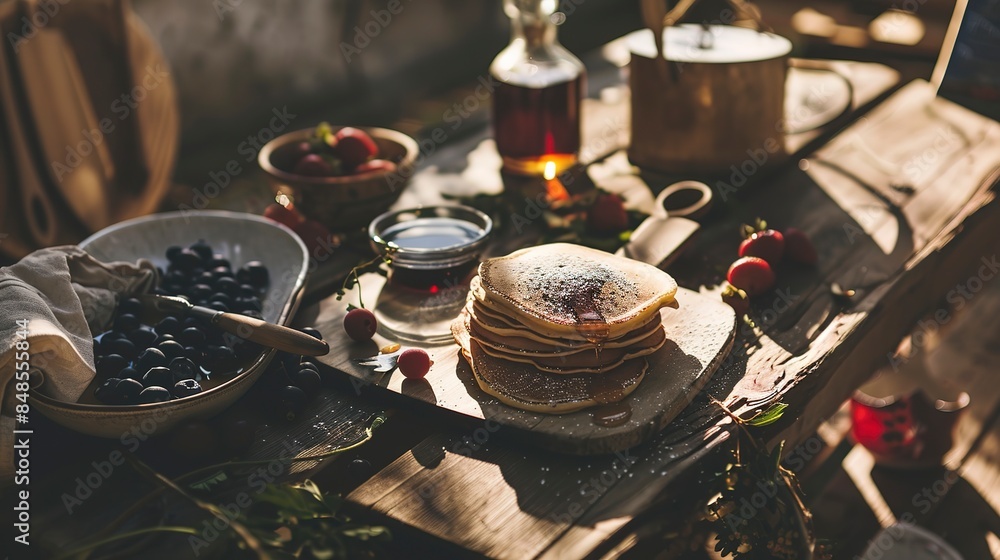 Poster Close-up of a rustic wooden table with pancakes, maple syrup, and fresh berries, warm daylight. 