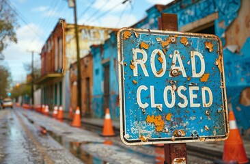 Weathered road closed sign on street