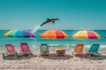 A dolphin jumps from water on a beach with umbrellas and chairs