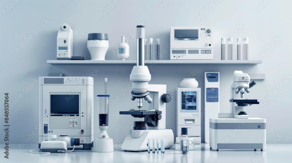 Poster array of advanced laboratory equipment and technology, including microscopes and analytical devices,