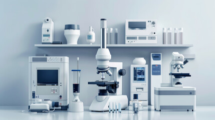 Array of advanced laboratory equipment and technology, including microscopes and analytical devices, in a modern research lab setting.