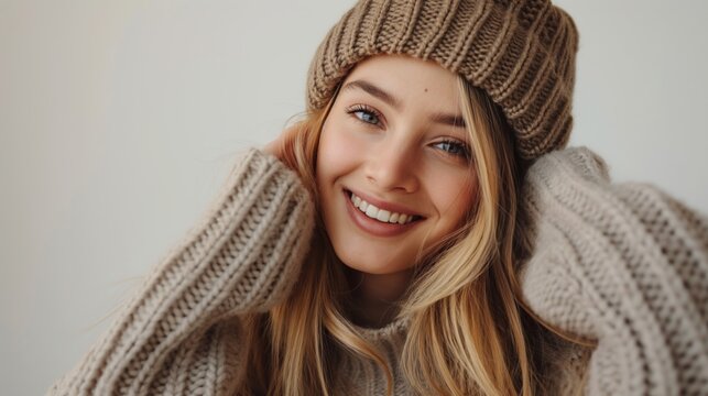 Woman wearing a brown knit hat and sweater smiling.