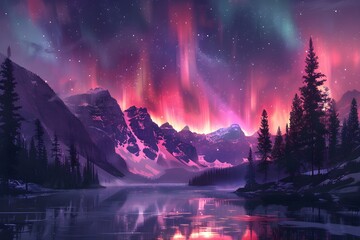 Fototapeta premium Magenta Aurora Borealis over Rocky Mountains. Magical Northern Lights Wallpaper with copy-space