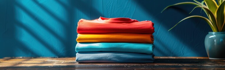 Colorful T-Shirts Stack on Clean Blue Wall - Fashion Apparel Background Detail