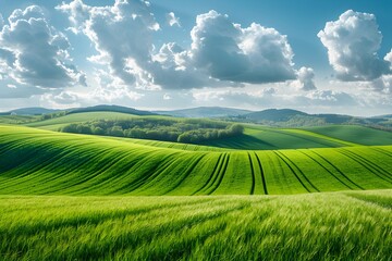 Fototapeta premium Beautiful Panorama of Rolling Green Fields. Spring or Summertime Background with White Fluffy Clouds and Natural Landscape