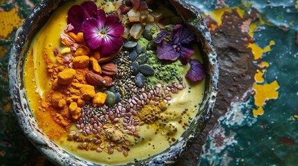 Superfood and fruits in Smoothie Bowl with Adaptogenic Ingredients