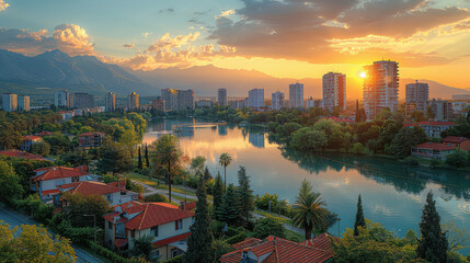 Podgorica, Montenegro city skyline created with Generative AI technology