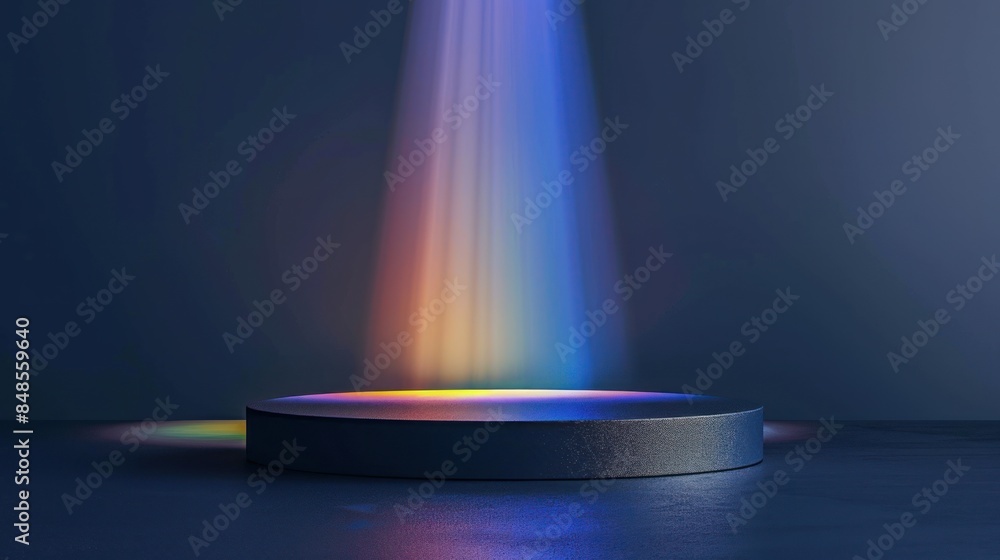 Poster a colorful light is shining on a round stage. the light is creating a rainbow effect on the stage