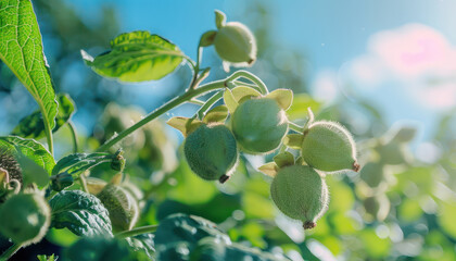 Close Up of Unripe Berries on a Sunny Day Amongst Green Foliage with a Blue Sky Background