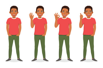 Obraz premium Set of young African man showing different posing gestures and hand signs expressions 