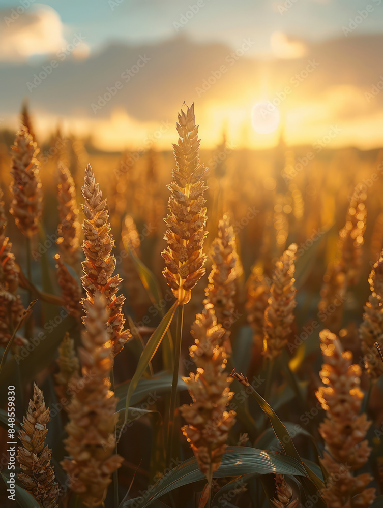 Poster golden wheat field at sunrise with sunlight filtering through the stalks, creating a warm glow and c