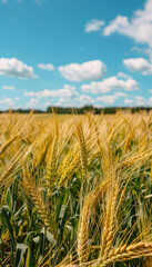 Golden Wheat Field Under a Vibrant Blue Sky with Fluffy White Clouds Serenity and Abundance in Nature's Bounty