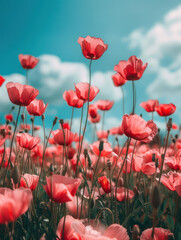 Fototapeta premium Serene Meadow of Pink Flowers Under a Clear Blue Sky with Fluffy White Clouds, Capturing the Beauty of Nature in Full Bloom