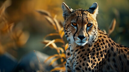 Obraz premium Majestic cheetah staring wild beauty in nature, AI Generative.