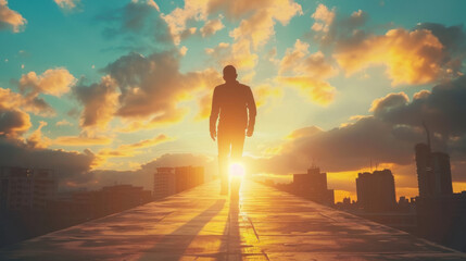 Fototapeta premium A man walks on an urban rooftop towards the sunset, with city buildings and a dramatic sky in the background.
