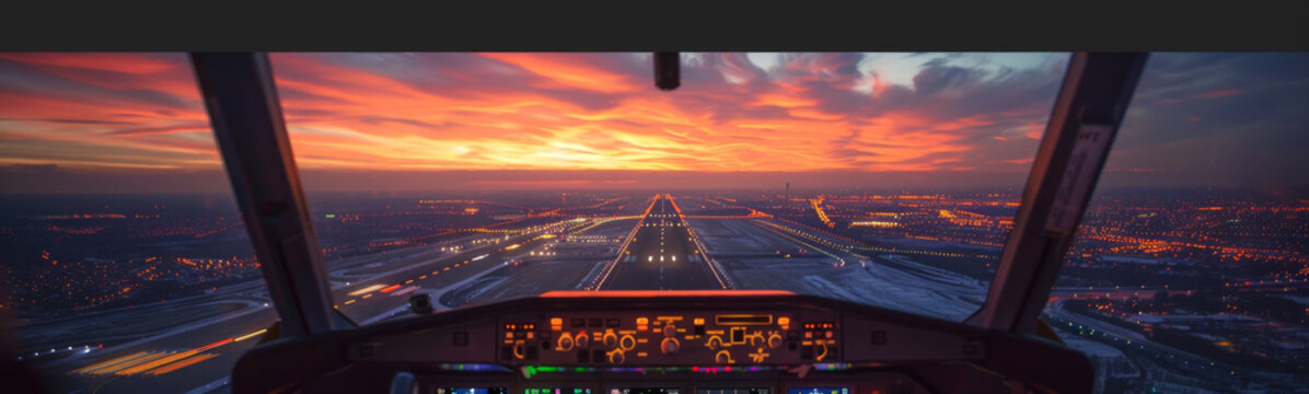 Stunning view from an airplane cockpit approaching a runway at sunset, with vibrant city lights and a colorful sky.