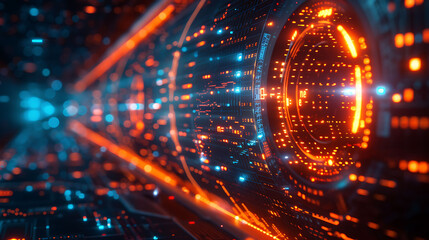 Obraz premium A glowing orange and blue futuristic tunnel interface with intricate circuitry