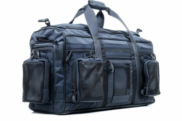 Naklejka premium A spacious gym bag with multiple compartments, featuring a stylish design and durable material Fully visible Isolated on a solid white background