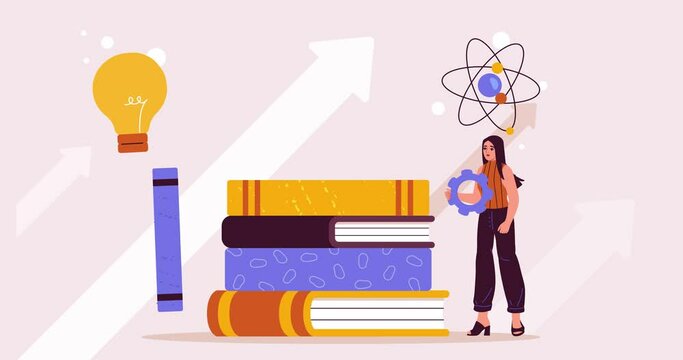 Professional growth. Moving banner with woman next to stack of books. Personal development, improvement of job qualifications and skills. Education and knowledge. Flat graphic animated cartoon