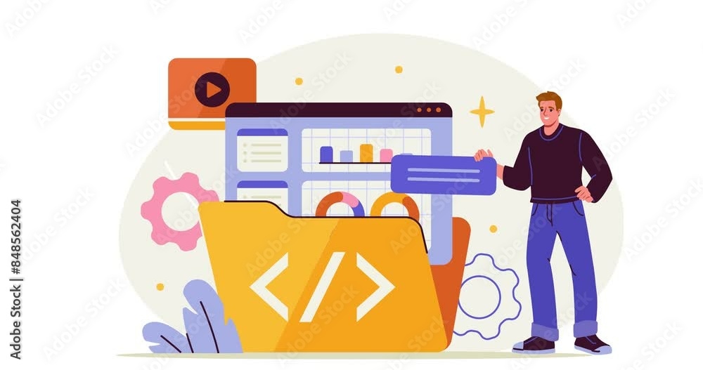 Poster application service. subscription to software package. moving banner with man using set of digital s