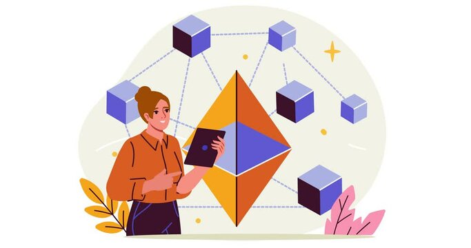 Software and app service. Decentralized application. Moving banner with woman using modern technologies based on blockchain and cloud computing. Data analysis. Flat graphic animated cartoon