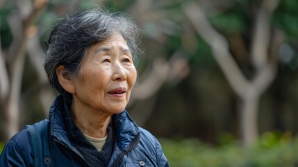 An Asian aunt, with black hair mixed with white hair, was walking.