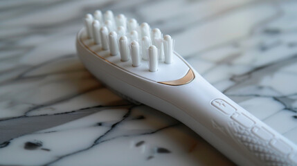 A white electric scalp massager placed on a marble surface, used for hair care and relaxation purposes.