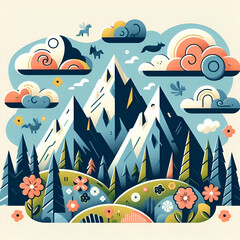 Stunning & Mysterious, Soothing and Organic Scandinavian Cubism Shape Style Stylized Dolomites Mountain Alps Clouds. Travel & Mental Health Road in Valley Journey.Towards Well-Being World Wildlife Day