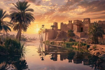 Stunning sunset view of an ancient desert oasis with palm trees, water reflections, and historical ruins under a dramatic sky.