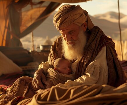 Hyper-Realistic 8K Illustration: Abraham & Hagar's Joyous Moment in