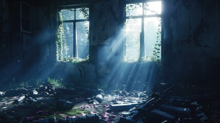 Battlefield with Beam of Light Through Window Tactical Gear Scattered on Ground Wallpaper Ready